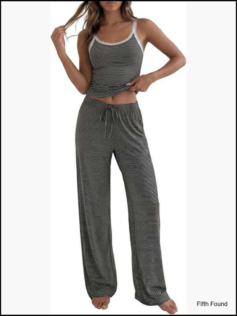 2 Piece Striped Lounge Set Spaghetti Strap Top Wide Leg Pants Sleeveless Pajama